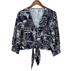 Joie Jacket Linen Blend Black Cream Nautical Ocean Theme Tie Front Women's M